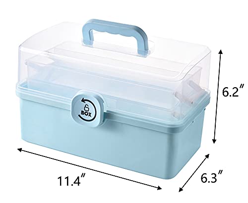 Sooyee Craft Organizers and Storage,Plastic Box with 3-Tier Fold Tray,Art Supply Storage Organizer Box,Sewing Box,Portable Lockable Container for Cosmetic, Toy, Washi Tape, Lego,Clear/Blue