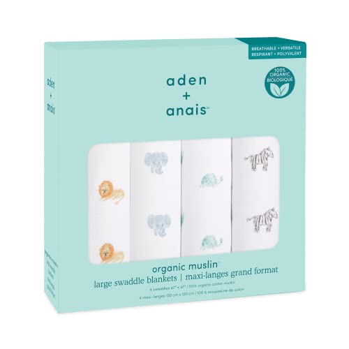 aden + anais Swaddle Blanket, 100% Organic Cotton Muslin Blankets for Girls & Boys, Baby Receiving Swaddles, Ideal Newborn & Infant Swaddling Set, 4 Pack, Animal Kingdom