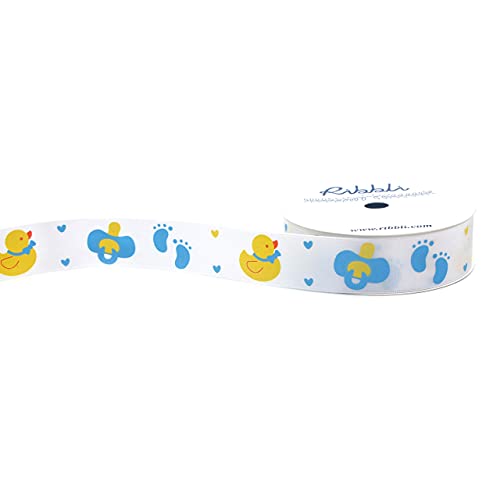 Ribbli Satin Blue Rubber Ducky Craft Ribbon,7/8-Inch x 10-Yard,Blue/White/Yellow,Use for Hair Bows,Wreath,Birthday,Baby Shower,Diaper Cake,Gift Wrapping,Party Decoration,All Crafting and Sewing
