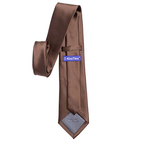 KissTies Mens Truffle Brown Tie Solid Satin Necktie + Gift Box