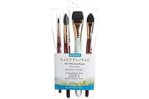 Princeton Artist Brush Neptune Series 4750 - 4-Piece Synthetic Squirrel Watercolor Paint Brush Set- Includes Aquarelle ¾” Oval Wash ½ & 2 Round Brushes Sizes 4 & 12