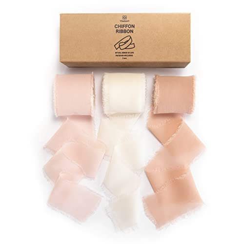 Vitalizart 3 Rolls Handmade Fringe Chiffon Silk Ribbon Gauze 1.5" x 7Yd Pink & Cream Ribbons Set for Wedding Invitations, Bridal Bouquets, Gifts Wrapping, DIY Crafts
