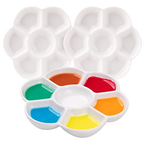 MEEDEN 7-Well Studio Porcelain Paint Palette Tray,Set of 3 w/Color Box, Artist Mixing Colour Tray by 4-3/4 Inches for Watercolor Gouache Painting,Round,White