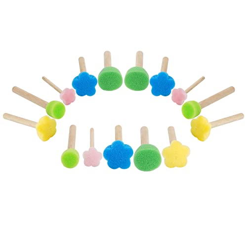 NUOMI 15 Pieces Sponge Stamps Kids Painting Brush with Wooden Handle Mini Cute Round and Flower Shapes for Children Painting, DIY, Craft, Scrapbooking, Drawing, Ink, Card Making, Multicolor