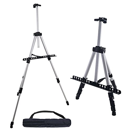 U.S. Art Supply 66" Sturdy Silver Aluminum Tripod Artist Field and Display Easel Stand - Adjustable Height 18" to 5.5 Feet, Holds 36" Canvas - Floor and Tabletop Displaying, Painting - Portable Bag