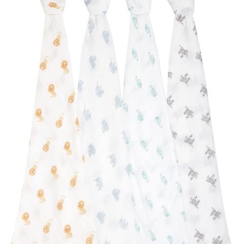 aden + anais Swaddle Blanket, 100% Organic Cotton Muslin Blankets for Girls & Boys, Baby Receiving Swaddles, Ideal Newborn & Infant Swaddling Set, 4 Pack, Animal Kingdom