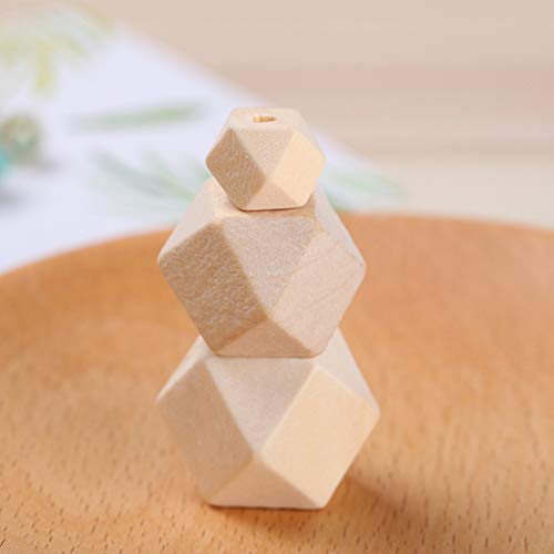 SUPVOX 100PCS Unpainted Faceted Geometric Wood Beads-14mm Natural Color Polygons Shape DIY Wooden Spacer Beads with Hole for Handmade Necklace