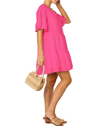 FANCYINN Women’s Pink Cute Shift Tunic Dress Short Bell Sleeve V Neck Causal Swing Red Ruffle Mini Dress with Pockets Pink XL