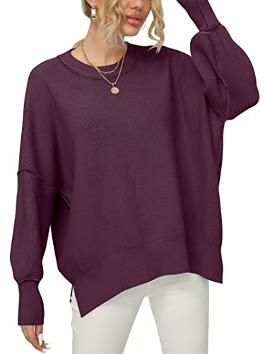 ANRABESS Womens Long Batwing Sleeve Crewneck Chunky Knit Oversized Casual Pullover Sweater Tops with Slit A305zihong-L Fuchsia