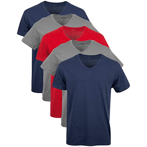 Gildan Men's V-Neck T-Shirts, Multipack, Style G1103, Navy/Charcoal/Cardinal Red (5-Pack), Large