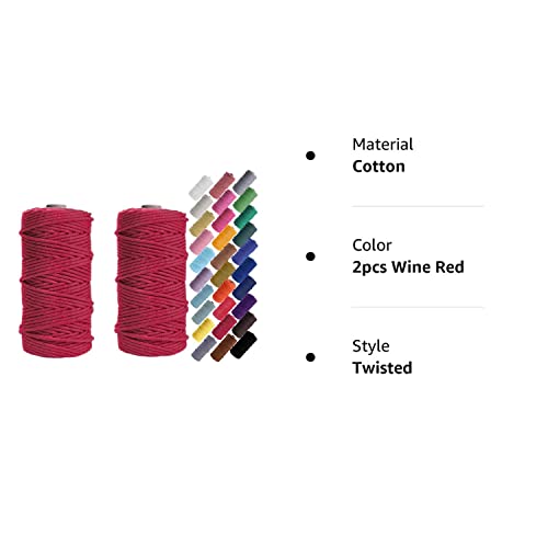 HAPYLY Macrame Cord Natual Macrame Cotton Cord DIY Craft Cord Spool Twine Rustic String Cotton Rope for Wall Hanging Plant Hangers Crafts Knitting Decorative Projects 3mm x100m (2pcs Wine red)
