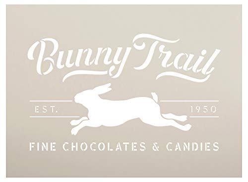 Bunny Trail Fine Chocolates Stencil with Rabbit by StudioR12 | DIY Fun Spring Home Decor | Easter Candy Word Art | Craft & Paint Farmhouse Wood Signs | Reusable Mylar Template | Size (15 x 11 inch)