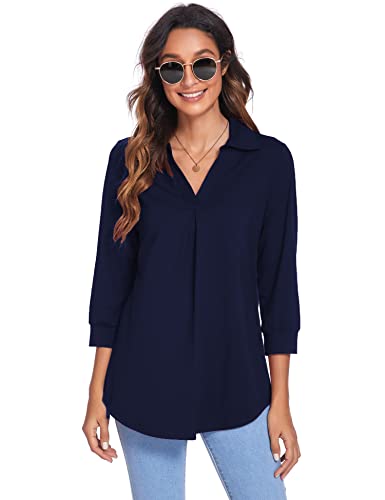 Newchoice Tunic Tops for Women to Wear with Leggings, V Neck 3/4 Sleeve Shirts Business Casual Formal Work Tops (Navy Blue, XL)