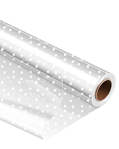 JOYIT 100' Long X 35” Wide Clear Cellophane Wrap Roll with White Dot - 3 Mil Thicker Cellophane Roll, Clear Cellophane Bags Large, Clear Wrapping Paper for Gift Baskets Wrap (35" fold into 17.5")