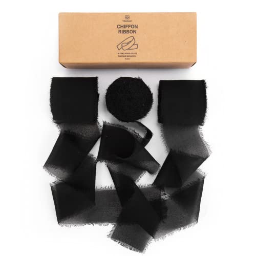 Vitalizart 3 Rolls Handmade Fringe Chiffon Silk Ribbon 1.5" x 7Yd Black Ribbons Set for Wedding Invitations, Bridal Bouquets, Gifts Wrapping, DIY Crafts