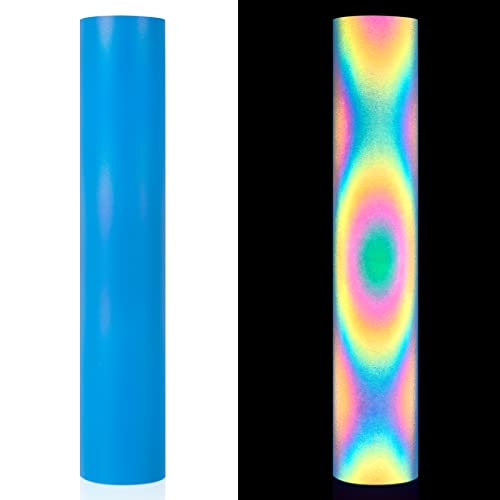 Adhesive Vinyl Roll, Reflective Craft Permanent Vinyl 12"x 6ft Color Changing Under The Flashlight, Rainbow Fluorescent Vinyl for Craft Vinyl Sticker for DIY Projects for Mugs Designs(Blue)