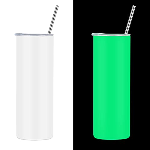 20 Oz Sublimation Skinny Tumbler Glow in the dark, 2 Pack Luminous Straight Skinny Tumbler Bulk with Sublimation Shrink Wrap Films, Stainless Steel Skinny Tumbler For Women Friends Sisters,White