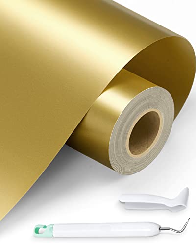 Gold Permanent Vinyl - 12" x 13FT Gold Adhesive Vinyl Roll for Cricut Silhouette Cameo, Hook Weeder Included, Permanent Outdoor Vinyl for Home Decor, Car Decal, Scrapbooking, Glossy & Waterproof