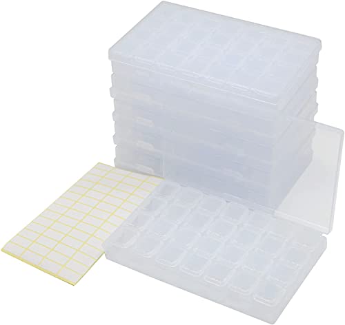 6 Pcs 28 Grids Clear 5D Diamond Painting Embroidery Box, Accessories Storage Containers Adjustable Bead Case with 196 Pcs Label Stickers (28 Grids 6 Pack)