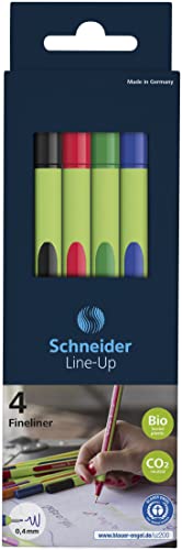 Schneider Line-Up Fineliner, 0.4 mm Fiber Tip, Light Green Barrel, Assorted Ink Colors, Pack of 4 Pens (191094)