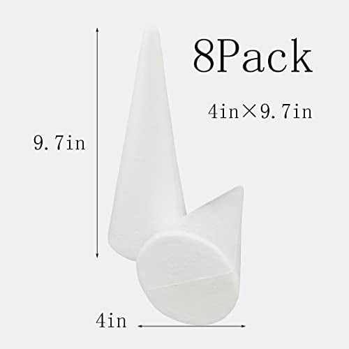 8-Pack Foam Cones (4X9.7in), Polystyrene Cone Shaped Foam,Foam Tree Cones, Styrofoam Cone, for Arts and Crafts,Christmas Tree, School，Wedding，Birthday， DIY Home Craft Project. White