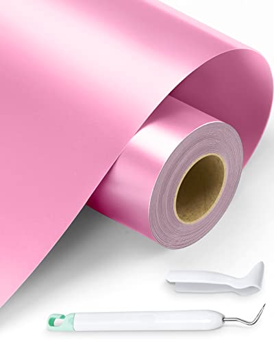 Pink Permanent Vinyl - 12" x 13FT Pink Adhesive Vinyl Roll for Cricut Silhouette Cameo, Hook Weeder Included, Permanent Outdoor Vinyl for Home Decor, Car Decal, Scrapbooking, Glossy & Waterproof
