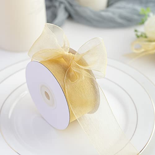 HUIHUANG 2 Rolls Shimmer Sheer Organza Ribbon 1-1/2 inch Yellow Gold Chiffon Fabric Ribbon for Gift Wrapping Wedding Floral Bouquet Baby Shower All Types of Crafts - 50 Yards Each Roll