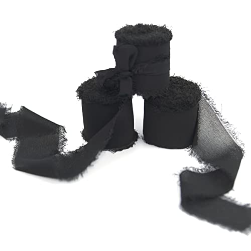 Kainonnan 3 Rolls Black Silk Ribbon Chiffon Ribbon Handmade Fringe Ribbon 1.5" x 7Yd Ribbon for Gift Wrapping Wedding Invitations Wedding Bouquets Decor (Black)
