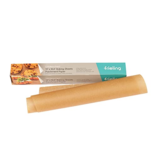 Frieling Unbleached Parchment Paper, Reusable Double-Sided Non-Stick Silicone Coating, Pre-Cut Sheets on Roll, 30 Pieces, 13" x 16.5", for Baking, Air Frying, Steaming Packaging …