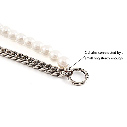 Purse Strap Short Pearl with Metal Handle Bag Chain Replacement,Handbag Purse Making Accessory Decoration (Silver)