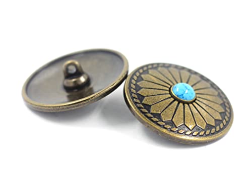 Bezelry 8 Pieces Diamond Flower Assembled with Artificial Turquoise Metal Shank Buttons. 33mm(1-5/16 inch) (Antique Brass)