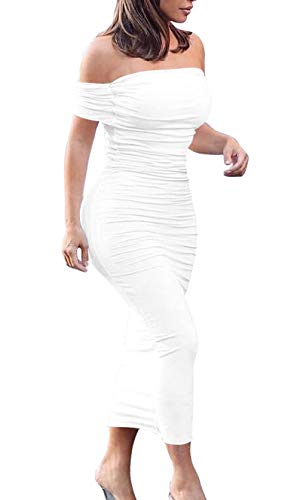 GOBLES Women's Ruched Off Shoulder Short Sleeve Bodycon Midi Elegant Cocktail Party Dress White