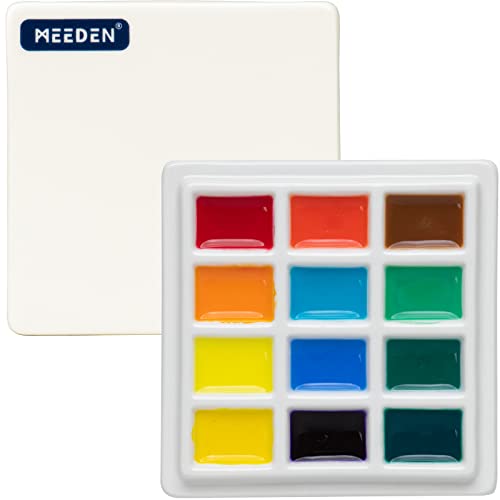MEEDEN Porcelain Paint Palette with Cover, 12-Well Premium Ceramic Mixing Tray for Painting Watercolor Gouache, Easy-to-Clean