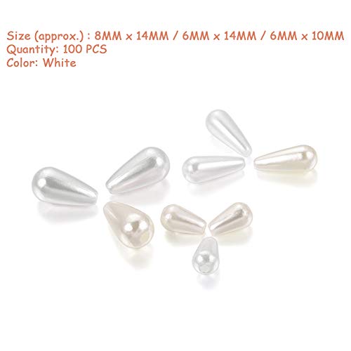 AKOAK Pack of 100 White Plastic Faux Pearl Teardrop Imitation Pearl Waterdrop Beads for DIY Jewelry Making (8MM x 14MM)