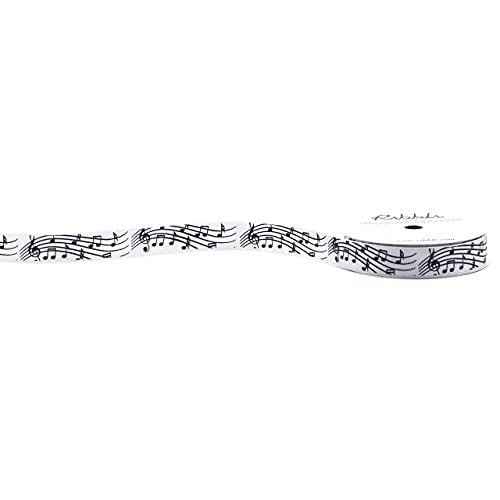Ribbli Satin Musical Notes Craft Ribbon,5/8-Inch x 10-Yard,White/Black,Use for Gift Wrapping,Party Decoration,All Crafting and Sewing