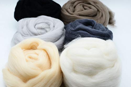 Neutral Palette Extra Fine Merino Wool Roving – 6 yds, 6 Pack with Storage for Needle Felting, Spinning Yarn, Fiber Arts & Crafts