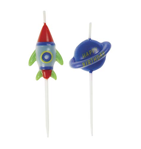 Assorted Outer Space Pick Birthday Candles - Pack of 6 - Stellar Rocket & Spaceship Designs, Perfect Space-Themed Cake Toppers for Kids & Space Enthusiasts