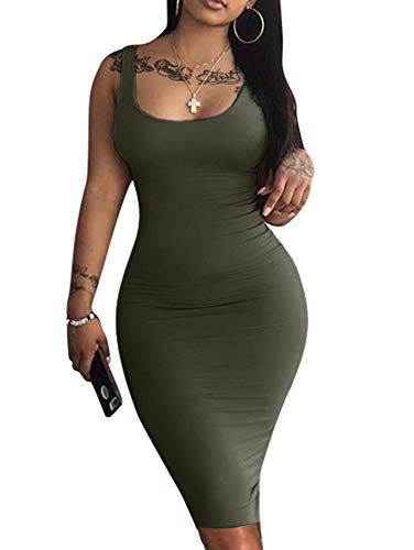 LAGSHIAN Women's Sexy Bodycon Tank Dress Sleeveless Basic Midi Club Dresses Olive
