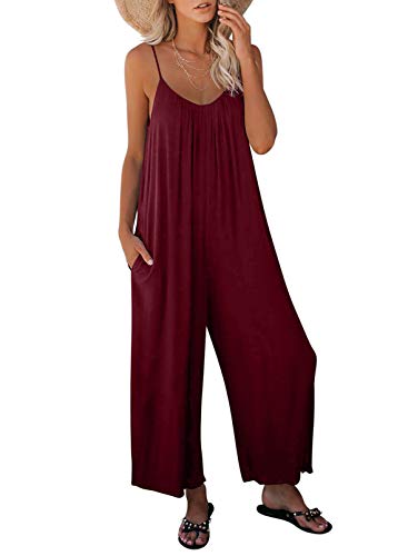 Dokotoo Women's Loose Plus Size Red Jumpsuits for Women Adjustable Spaghetti Strap Stretchy Wide Leg Solid One Piece Sleeveless Long Pant Romper Jumpsuit with Pockets X-Large