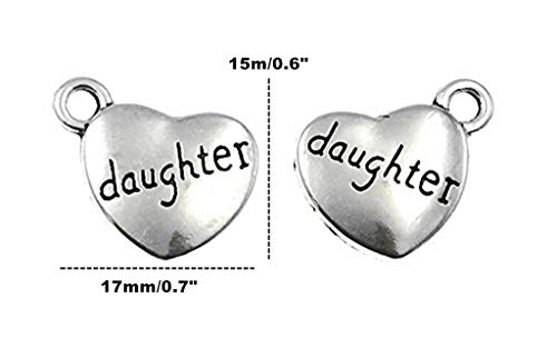 30pcs Daughter Charm,Heart Shape Double-Faced Pendant for DIY Bracelet Necklace Jewelry Making Findings(Antique Silver)