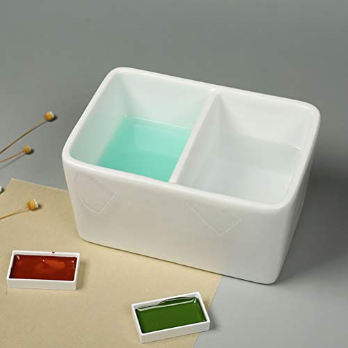 Lzttyee White Porcelain Paint Palette Brush Wash Bowl Deep Watercolor Painting Dish Mixing Tray (Rectangle 2-Grid Large)