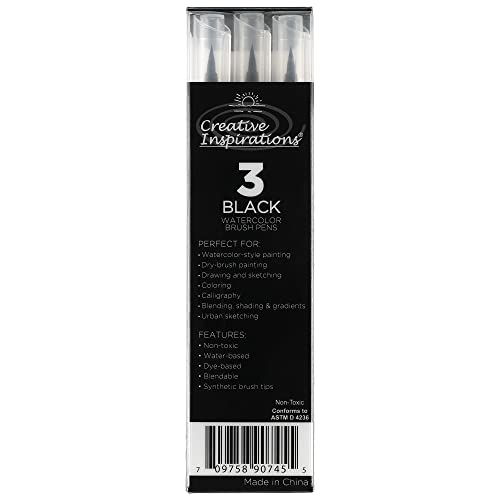 Creative Inspirations Watercolor Brush Pen Set - Water-Soluble Pens for Painting and Coloring - Set of 3 Black Brush Pens