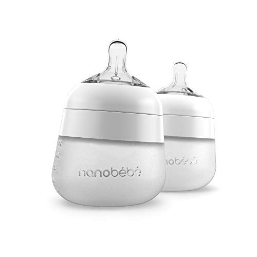 Nanobébé Flexy Silicone Baby Bottle, Anti-Colic, Natural Feel, Non-Collapsing Nipple, Non-Tip Stable Base, Easy to Clean 2-Pack, White, 5 oz