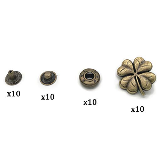 10 Set Bronze Vintage Antique Metal Snap Button Fastener, Four-Leaf Clover Buttons, for Leather Craft DIY Overall Jacket, with Caps Sockets Studs