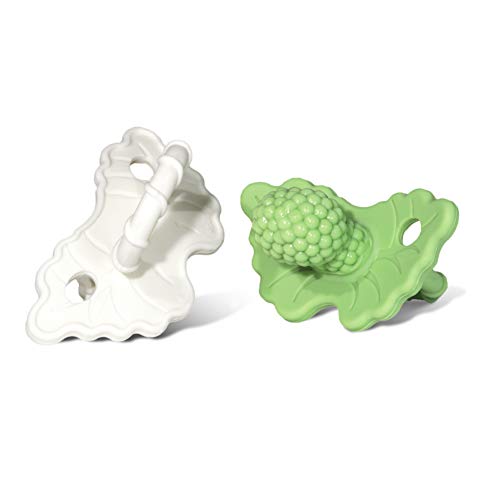 RaZbaby Soft Silicone Infant & Baby Teether, Berrybumps Textured Teething Relief Pacifier 3M+, Soothes Gums, Hands-Free & Easy-to-Hold Fruit-Shaped RaZberry Design, BPA Free, 2-Pack – Green/White