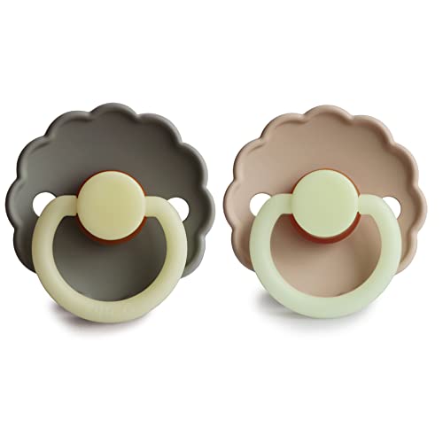 FRIGG Daisy Night Natural Rubber Baby Pacifier | Made in Denmark | BPA-Free (Portobello/Croissant, 0-6 Months) 2-Pack