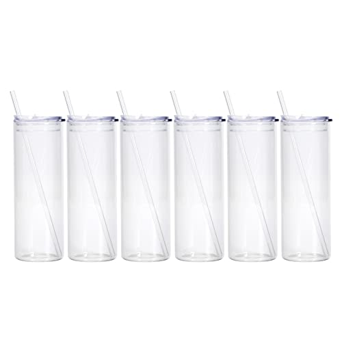PYD Life Sublimation Glass Blanks Skinny Tumbler Clear 25 OZ Straight Tumbler Coffee Jucie Cups with Lid and Glass Straw for Tumbler Press Sublimation Print HTV Project 6 Pack