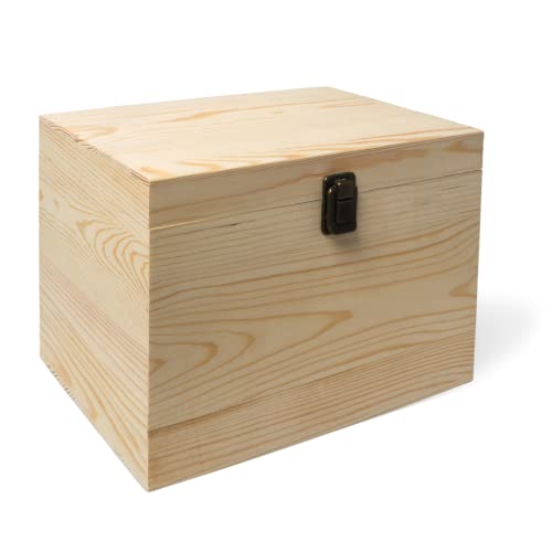(1-Pack) 10x7x7-Inch Large Unfinished Wooden Box with Hinged Lid & Front Clasp for DIY Art Project Crafts Woodcraft Keepsake - Easy to Stain Paint Wood Burning