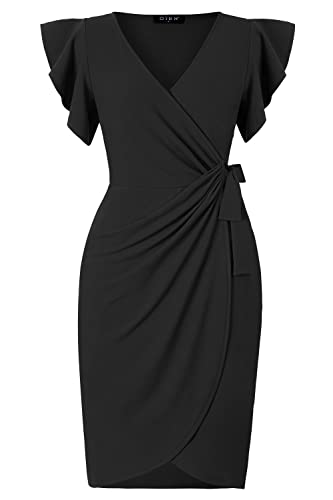 oten Women V Neck Ruched Wrap Dress Knee Length Work Business Sheath Party Dresses with Ruffle Sleeves Black Small