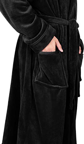 NY Threads Mens Hooded Fleece Robe - Plush Long Bathrobes (Black, Large/X-Large)